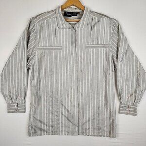 Vintage Marc Allan Silver & Gray Womens Dress Shirt Pleated Shoulder Pads Party